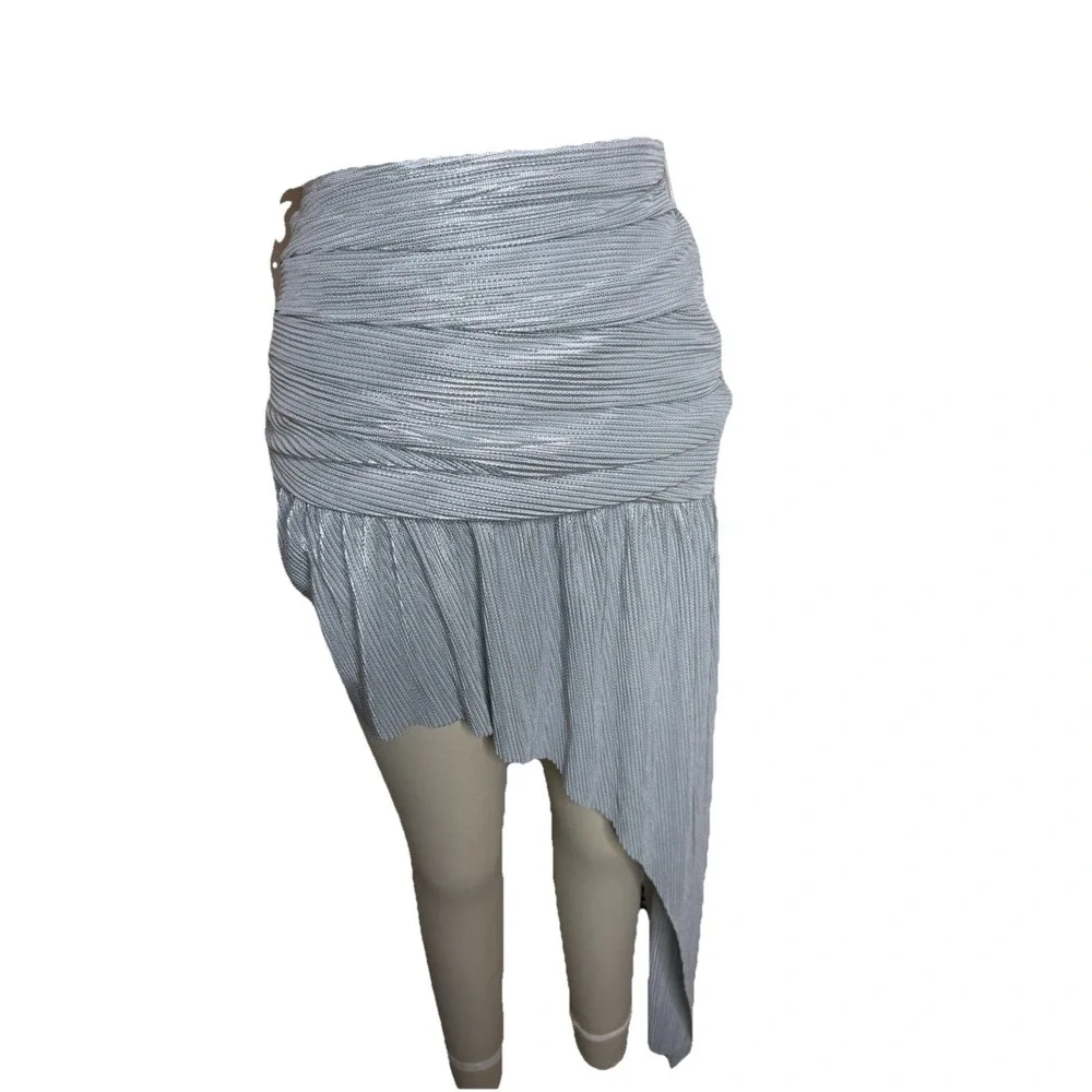 ATOIR Silver Metallic Pleated Asymmetric Mini Skirt XS NWT Ruched Party Festival